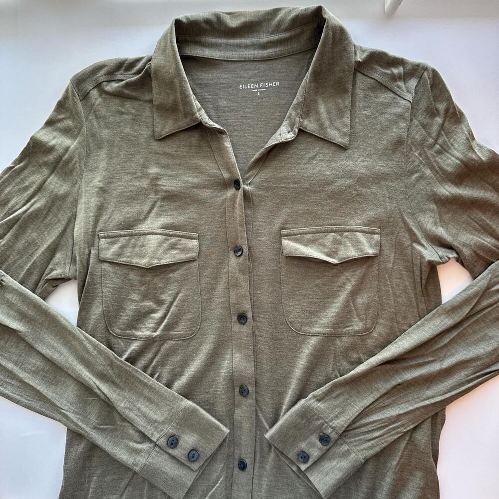 Eileen Fisher Khaki Green Button-Down Silk Blend Jersey Top. Elevated Basic.
